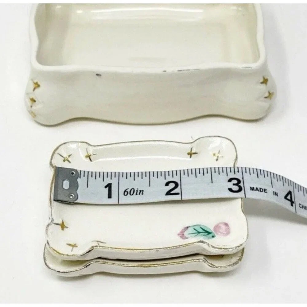 Vintage Japan Porcelain Trinket Jewelry Box w/ Rose Applied Flowers & Inserts